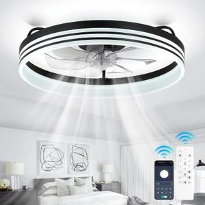 Ceiling Fans with Lights and Remote 20'' Flush Mount Ceiling Fan Dimmable Fandelier LED Fan Light Low Profile Ceiling Fan with 6 Speeds for Bedroom Kitchen and Living Room (Black)