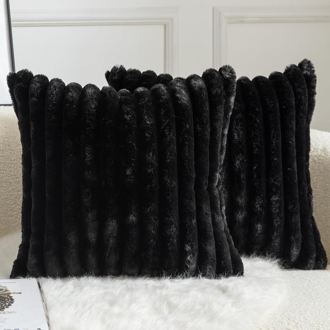 Pack of 2 Decorative Throw Pillow Covers Faux Fur Striped Plush Soft Cushion Covers Pillow Cases Bedroom Living Room Sofa Home 17x17 Inch Black