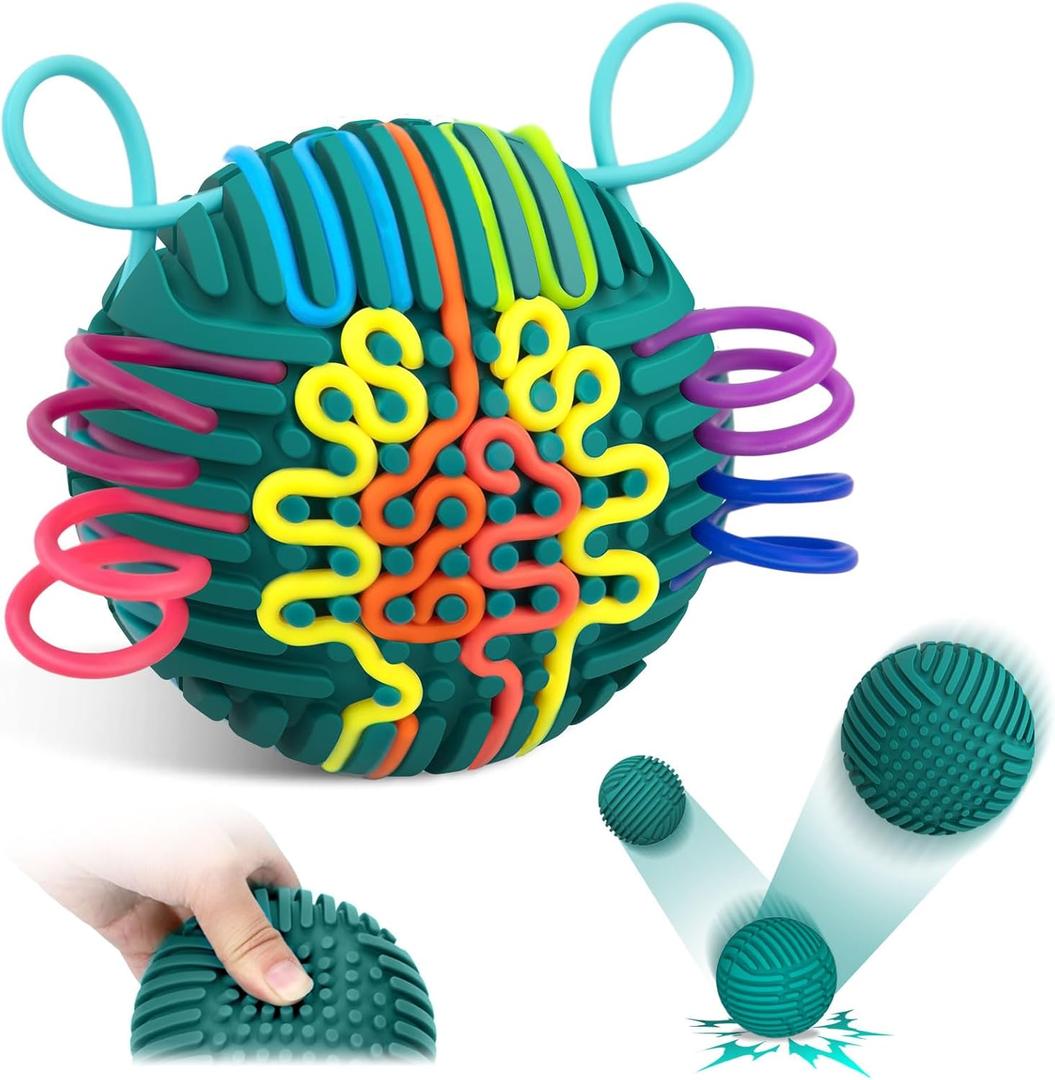 ddLUCK Sensory Activity Ball, Silicone Fidget Toys for Autism, ADHD, Stress & Anxiety Relief, 10 Colors Silent Calming Travel Play Fidgets Toy Balls for Kids 3+ & Adults with 20 Strings (Green)