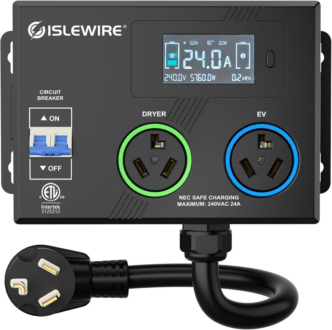Smart Dryer Splitter for EV and Dryer, 240V Auto Power Switch for Dryer Outlet, 3-Color LED Ring, 3.4 in LCD Display, No Rewiring Needed, ETL Certified (24 Amp, NEMA 10-30)