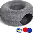 Cat Tunnel Bed for Indoor Cats with 3 Toys, Scratch Resistant Donut Cat Bed, Up to 9 Lbs (M 20x20x9, Dark Grey)