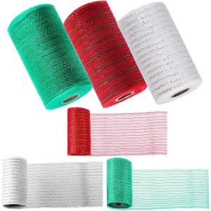 Swpeet 3 Rolls 6 Inches Mesh Ribbon Glitter Metallic Wrapping Ribbon Kit, Glitter Tulle Fabric Spool Ribbon Metallic Foil Mesh Ribbon for DIY Project Wreaths Party Decorations Wrapping Craft