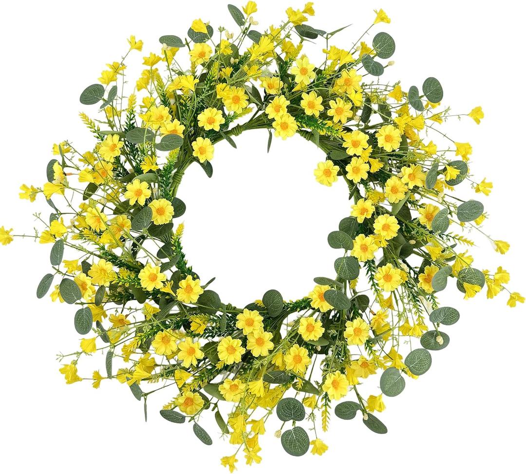 Pinkpum 22" Daisy Eucalyptus Wreath for Front Door, Artificial Spring Summer Floral Wreath for Front Door, Home Farmhouse Wedding Wall Window Decor
