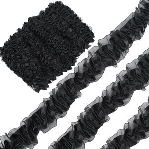 GORGECRAFT 10 Yards Ruffle Lace Trim 1.5" Double Layer Pleated Edge Trim Ribbon Gathered Mesh Tulle Fabric Applique Edging Trimmings for Sewing Bridal Dress Costume Gift Packing Decoration Craft Black