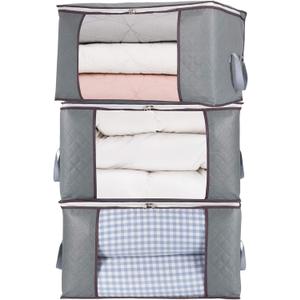 combocube 3Pcs Zippered Storage Bag for Closet King Comforter, pillow, quilt, bedding, Clothes, Blanket Organizers with Large Clear Window & Carry Handles Space Saver