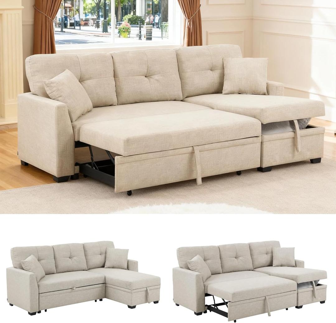 Sectional Sleeper Sofa with Pull Out Bed, L Shape Convertible Couch with Storage Chaise, Comfy Sleeper Couch, 2 in 1 Pull Out Sofa Bed with 2 Seats, for Living Room, Apartment, Beige