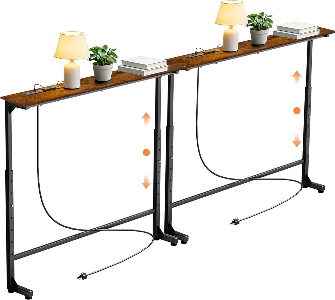 GRLEAF 2 Pack Adjustable Height Narrow Console Table with Power Outlets, 70" Long Sofa Table with Charging Station Behind Couch Table Entryway Table for Living Room and Hallway  Rustic Brown
