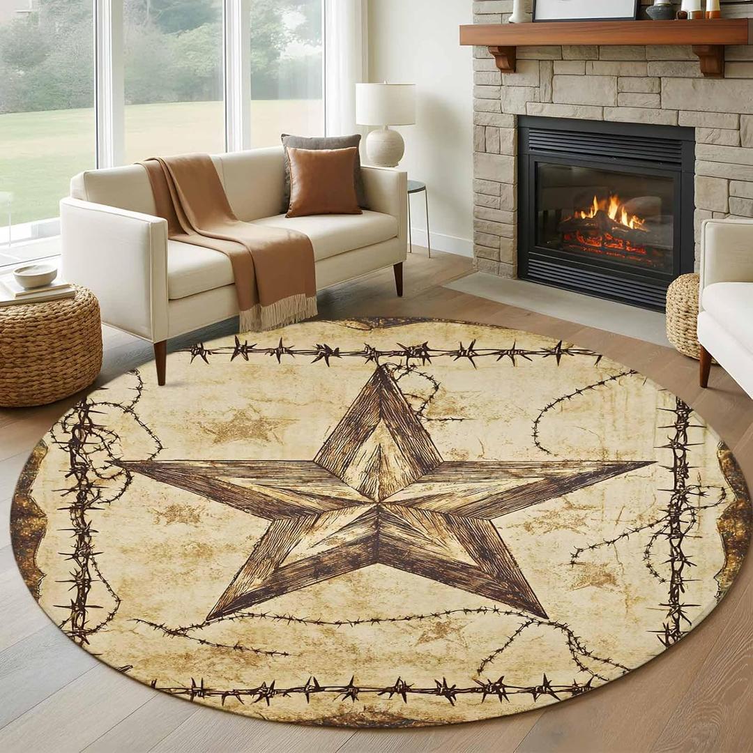 Brown Texas Star Country Round Rug 5ft Washable Circle Kitchen Rugs Non Slip Western Stars Retro Large Area Rug Indoor Floor Carpet for Bedroom Living Room Home Office Dining Room Nursery (Light Brown Tan Brown)