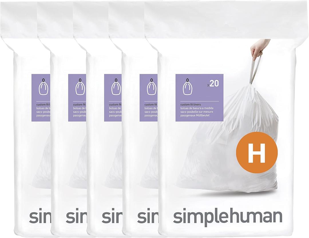 simplehuman Code H 100 Count,Genuine Custom Fit Liners, Drawstring Trash Bags in Dispenser Packs, 30-35 Liter / 8-9 Gallon, White