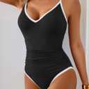 One Piece Swimsuit for Women Tummy Control Slimming Bathing Suit Color Block V Neck Swimwear (Black, XXL)