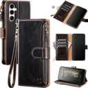 Shieldtop Compatible with Samsung Galaxy S25 Wallet Case with Card Holder,Women Men RFID Blocking PU Leather Flip Cover Wrist Strap Zipper Credit Card Slots,Phone Case for Galaxy S25 6.2",Coffee