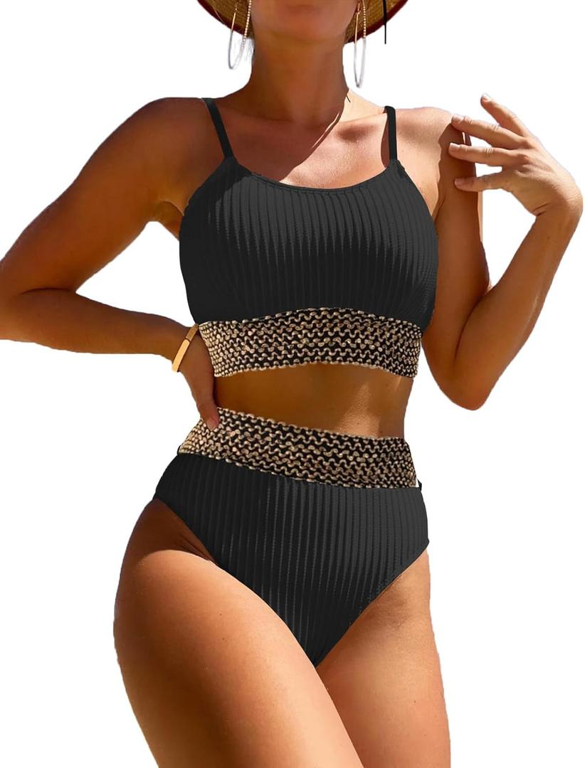 Women's High Waisted Swimsuit Two Piece Ribbed Bikini Sets Crop Top High Cut Cheeky Bathing Suits (Medium, Black Gold)