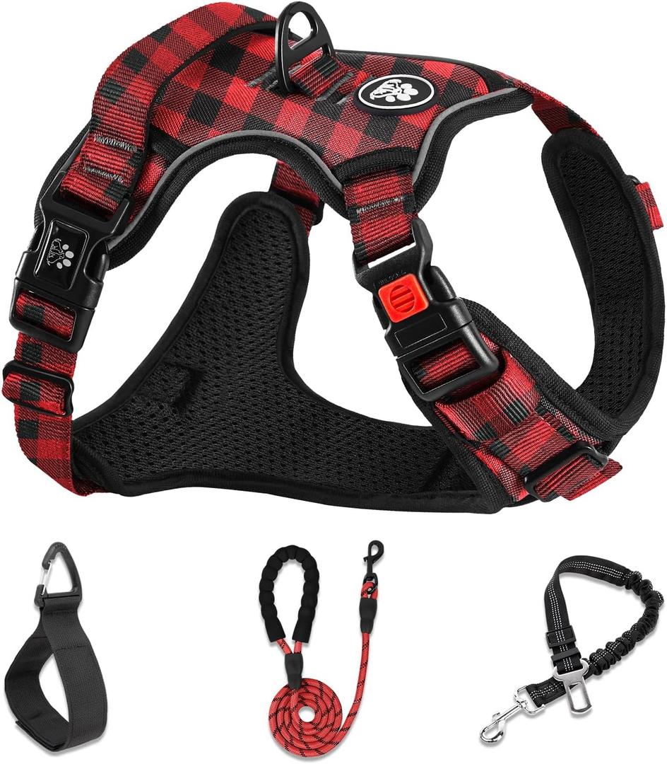 NESTROAD No Pull Dog Harness with Leash, Reflective No Choke Pet Vest Harness,Adjustable Soft Padded Dog Harness with Easy Control Handle for Medium Dogs(Checkered Red,Medium) (Mneck 13-17" chest 17-25")