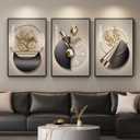 Large Framed Modern Elegant Wall Art for Living Room, 3 Piece Black and Gold Bright Luxury Prints Paintings, Contemporary Elegant Flower and Geometric Pictures for Bedroom Entryway Wall Decor 24x36 In, 24" W x 36" H x 3Pcs