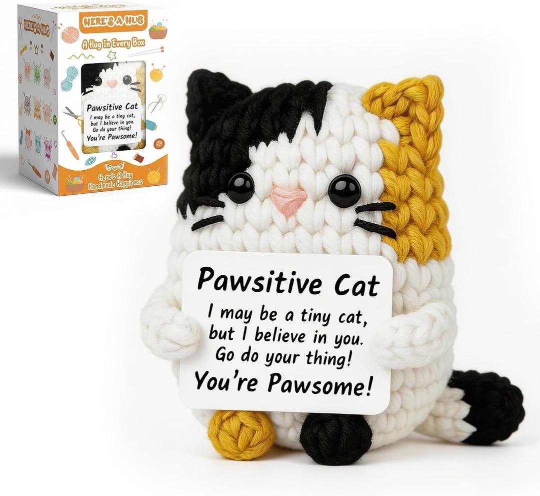 Positive Crochet Cat Animal Emotional Cheer Up Support Gifts, Funny Crochet Mini Handmade Cat for Women Men Friends Mom Birthday Christmas Mothers Day Graduation Gifts