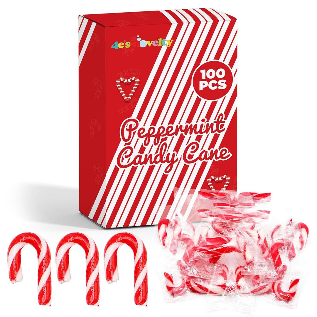 4E's Novelty 100 Pack Mini Candy Canes Bulk - Individually Wrapped, 2-Inch Mini Candy Canes, Classic Peppermint Flavor, for Christmas Treats and Christmas Bulk Stocking Stuffers, Perfect for Kids & Adults (EXP 07/25/27)