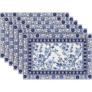 Blue White Floral Placemats Set of 6, Chinoiserie Flower Linen Place Mat Washable Stain Resistant Table Mats for Farmhouse Kitchen Dining 12x18 Inch