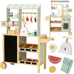 Nene Toys Wooden Grocery Store Playset – All‑in‑One Kids Market Stand with Cash Register, Scale, Chalkboard, Hanging Rod, Bins, Push Handle & Rolling Wheels - Reversible Stand - Ages 3–7, 28" L x 12" W x 41" H