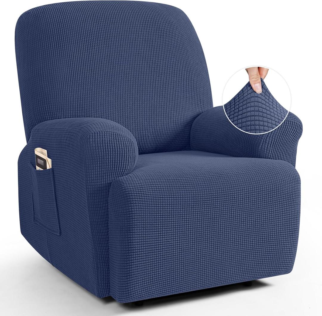 TAOCOCO Recliner Cover 4-Pieces, Recliner Stretch Sofa Slipcover, Recliner Cover 1 Seat, Couch Protector Soft, Furniture Protector Covers with Elastic,Chair Covers Jacquard Pattern (Navy Blue)