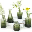 Glass Bud Vase Set of 5, Green Small Flower Vases for Centerpieces in Bulk, Mini Vintage Vase for Rustic Wedding, Home,Table Decoration