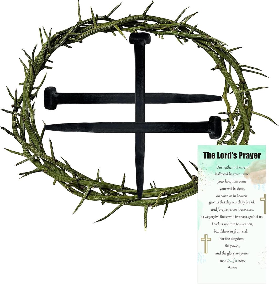 5 Pcs Crown of Thorns Set with 1 Pcs 8'' Jesus Thorn of Crowns & 3 Pcs Crucifix Iron Nails with Prayer Request Card for Easter, Jesus Christian Decor, and Religious Gifts