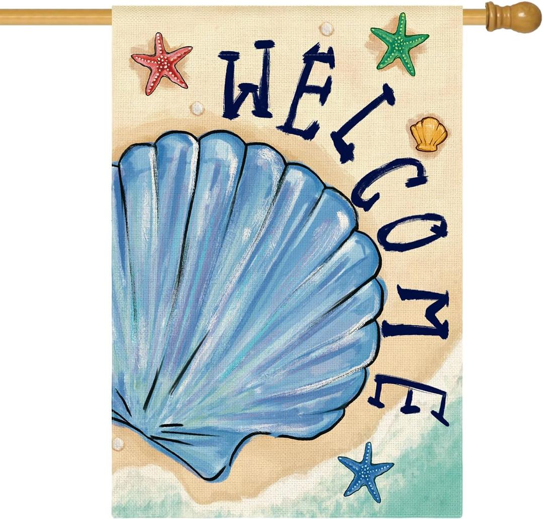 AVOIN colorlife Summer Coastal Beach Shell House Flag 28x40 Inch Double Sided, Welcome Seasonal Nautical Burlap Yard Outdoor Decoration