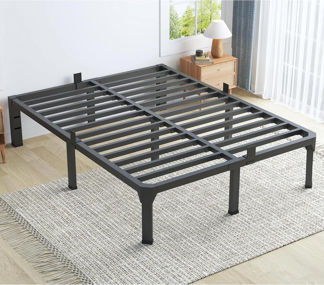 Full Bed Frame with Mattress Slide Stopper, 18 Inch Metal Platform Bed Frame, Heavy Duty Tall Bed Frame No Box Spring Needed with Large Storage Space, Easy Assembly, Noise Free