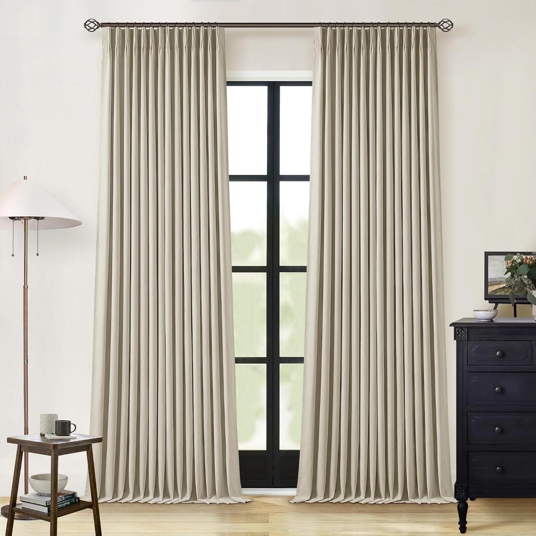 Burlywood Birch Pinch Pleated Full Blackout Curtains Linen Blend Room Darkening Window Curtains 94 Inch for Living Room Bedroom Thermal Insulated Back Tab Pinch Pleat Drapes with Hooks Rings 2 Panels