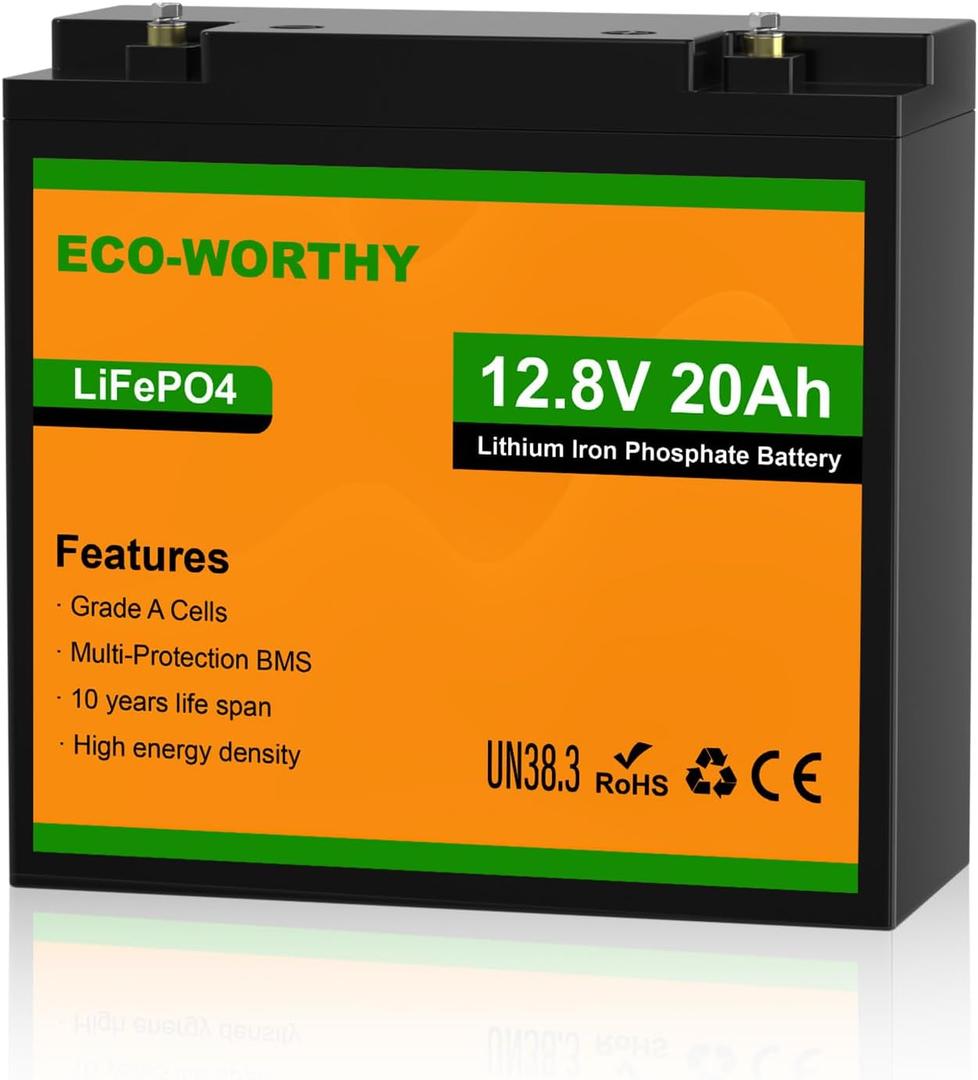 ECO-WORTHY 12V 20Ah LiFePO4 Lithium Battery, 4000+ Deep Cycle Rechargeable Battery with BMS for Trolling Motor, Fish Finder, Ham Radio, Solar System, Outdoor Camping