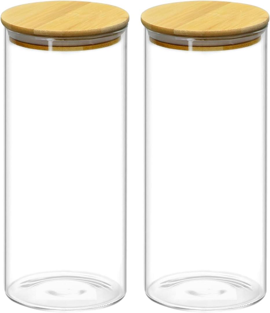 QWORK Glass Coffee Bean Container, 52.36 FL OZ (1550 ML) Clear Canister, 2 Pack Thickened Borosilicate Glass Food Storage Jar with Airtight Bamboo Lid for Coffee, Tea, Spices