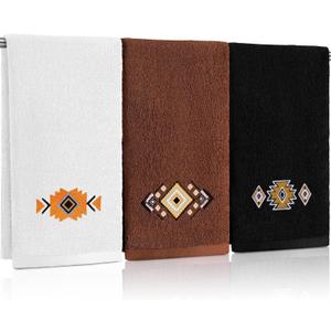 3 Pcs Western Aztec Hand Towels Southwestern Bathroom Decor Southwest Sunset Embroidered Rustic Boho Decorative Towels for Bathroom Kitchen Decor, 100% Cotton, 13.3 x 29.5''