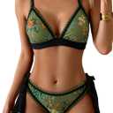 Aidonger Bikini Sets for Women Floral Two Piece Bathing Suit V Neck Shell Stitched Swimsuit Tie Side Triangle Swimwear (Medium, Green Floral Print)