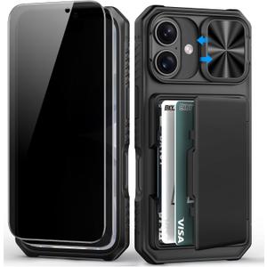 BXYJY for iPhone 17 Case Wallet，2 Privacy Screen Protectors, Card Holder (4-5 Cards), Slide Camera Cover, Military Grade Drop Prortection, Heavy Duty Men Women Phone Case for iPhone 17, Black