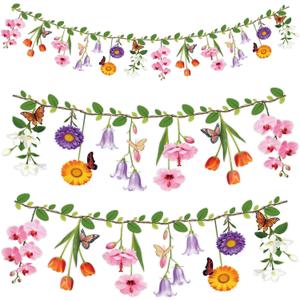 2PCS Flower Banner Reusable Wildflower Garland Floral for Spring Party Enchanted Garden Theme Picnic Wedding Baby Shower Birthday Tea Party Christmas Valentine's Day Supplies Home Decorations