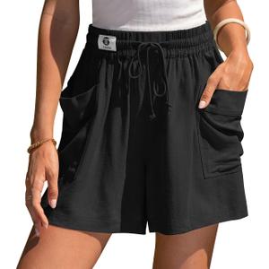 TARSE Womens Linen Shorts Elastic Waist Wide Leg Drawstring Casual Lounge Comfy 2026 Summer Beach Shorts with Pockets (Black, L)