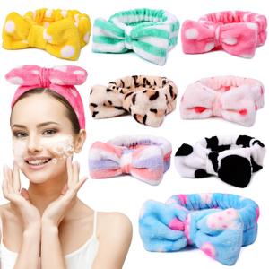 8 Pcs Spa Headbands for Women Facial Makeup Headband Stocking Stuffers For Women Teen Coral Fleece Easter Basket Stuffers Goodie Bags Gift Baskets Easter Gifts Hair Band Party Favors Mothers Day Gift (Purple, yellow, blue, pink, green, purple with dot or stripe, cow, leopard)
