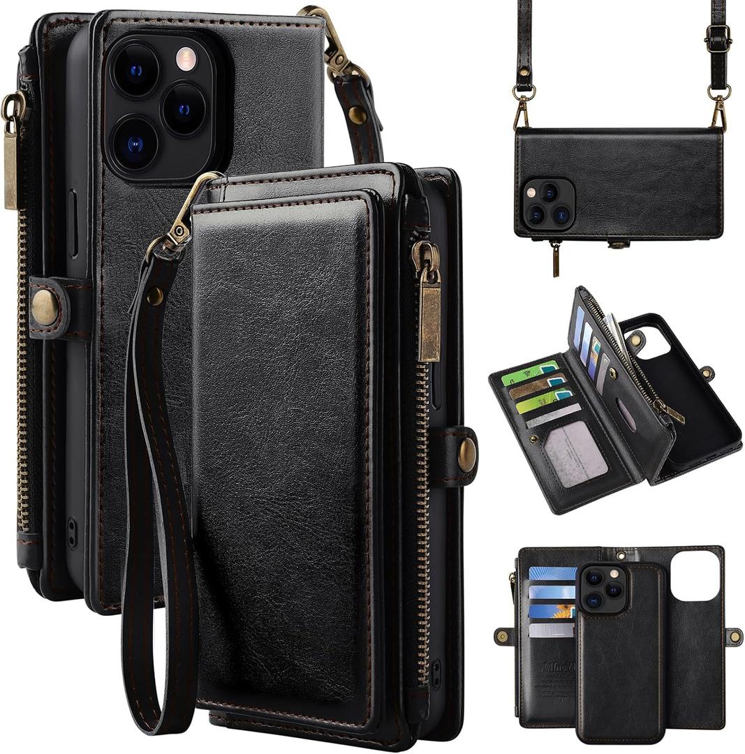 MInCYB for iPhone 13 Pro Max Wallet Case with Card Holder (12 Card Slots) - PU Leather Case for Women & Men, Wireless Charging, Detachable Magnetic, Crossbody Strap, Shockproof Protective Phone Cover. (Black)
