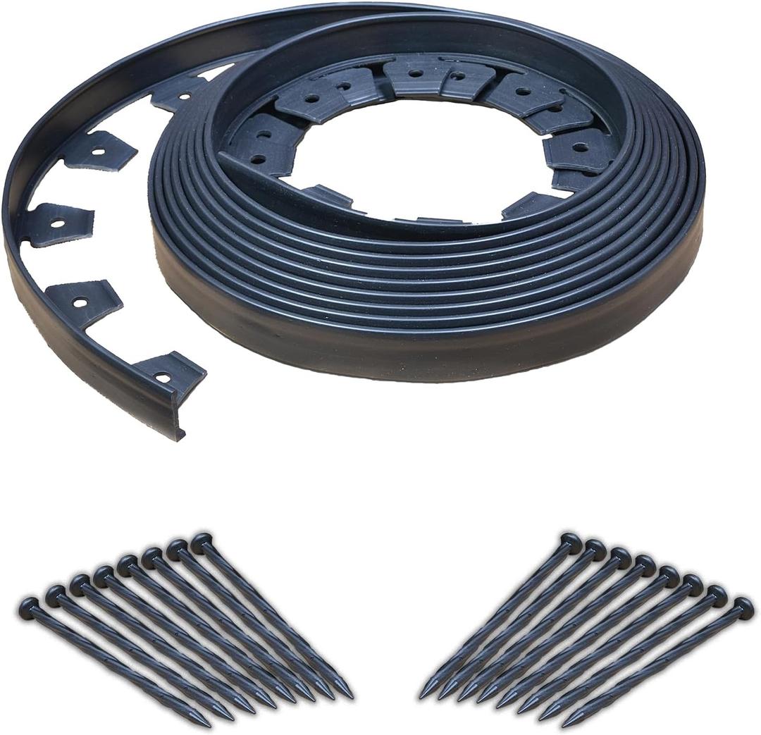 EasyFlex No-Dig Landscape Edging with Anchoring Spikes, 1.5 in. Tall Straight Top Plastic Garden Border, 40 Foot Kit, Black