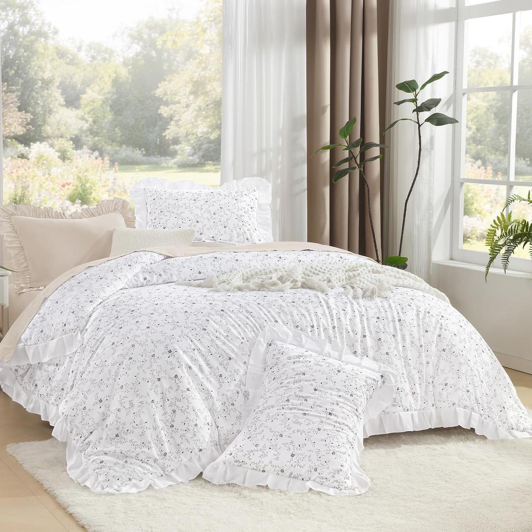 Litanika Floral Ruffle Queen Comforter Set, 3 Pieces White Cream Farmhouse Aesthetic Soft Lightweight Fluffy Bedding Comforter Sets for Girls Women, All Season (90x90In Comforter, 2 Pillowcases)