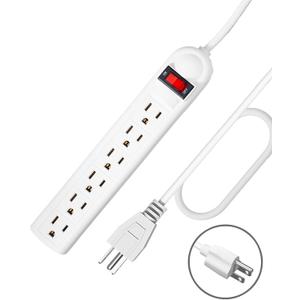 Extension Cord 6 ft - Long Power Strip Surge Protector, 6 AC Outlet Flat Plug, Wall Mount, Multi Plug Outlet Extender Desk Charging Station for Computer Home Office Dorm Room Essentials (White)