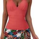 SUUKSESS Women Tummy Control Tankini Swimsuit Sexy Halter Bathing Suit 2 Piece, XX-Large, 147 Coral Pink Leaf