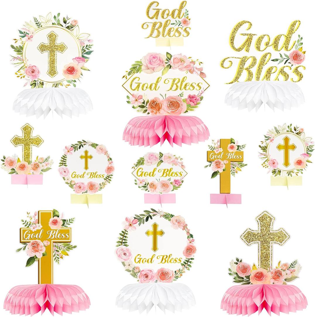 ANGOLIO 12Pcs Floral God Bless Decorations First Communion Honeycomb Centerpiece Double Sided Table Toppers for Baby Girl Baptism Party Decor Christening Celebration Religious Photo Props Decor Girls