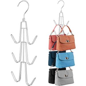 ZEDODIER 2 Pack Purse Organizer for Closet, Heavy-Duty Hanging Purse Hanger Closet Holds Up to 12 Purses, Metal Rotating Space Saving Bag Holder Handbag Storage Hook Backpack Rack, Silver