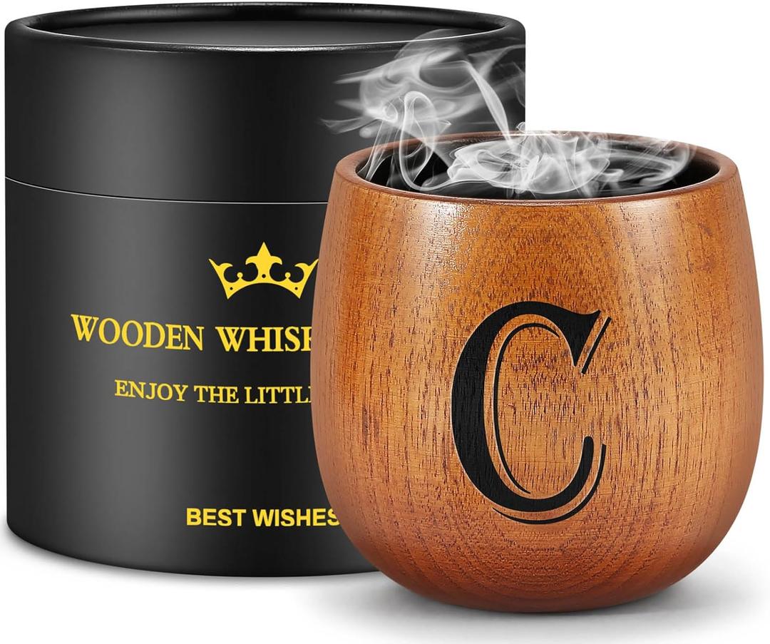 Personalized Gifts for Men Husband Dad Boyfriend, Initial Charred Wooden Bourbon Drinking Glass & Whiskey Glasses Gift, Fathers Day Birthday Gifts for Men Dad Husband Brother Him (C)