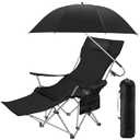 2-in-1 Reclining Camping Chair with 360° Umbrella Folding Lounge Beach Chair with Footrest and Universal Clamp UPF 50+ Adjustable Umbrella Portable Lightweight Seating for Adults Outdoor(Black)