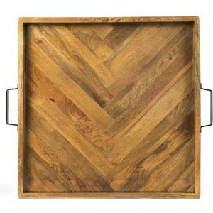 Large Ottoman Wood Tray - with Sturdy Metal Handles and Herringbone/Chevron Pattern 22 x 22 x 2 Inch Anti-Warp Square Serving Tray for Ottoman Coffee, Living Room, Kitchen (Large 22x22x2)