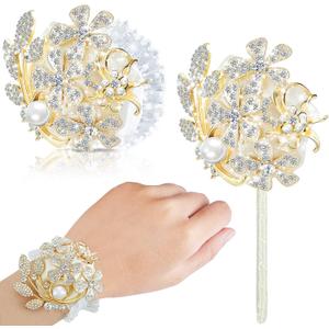 Yunsailing 2 Pcs Rhinestone Wrist Corsage and Boutonniere Set - Artificial Flower Corsage Wristlet for Wedding Prom Homecoming Bridesmaid Bridal Shower Anniversary Formal Event(Gold Ivory, Pearl)