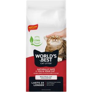 WORLD'S BEST CAT LITTER Multiple Cat Unscented, 32-Pounds - Natural Ingredients, Quick Clumping, Flushable, 99% Dust Free & Made in USA - Long-Lasting Odor Control & Easy Scooping
