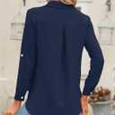 Odosalii Womens Button Down Shirts V Neck Rolled Up Long Sleeve Tops Elegant Dressy Blouses Business Casual Outfits (Blue, L)