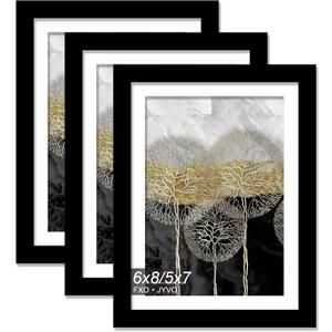 Fxojyvo 6x8 Picture Frame Set of 3, Display Photo 5x7 with Mat or 6 x 8 Without Mat, Light Weight and High Transparent 6 by 8 Frame for Wall - 3 Pack/Black/6"x8"